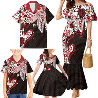 Monstera Plumeria Flowers Red Family Matching Mermaid Dress and Hawaiian Shirt Polynesian Pattern LT01 - Polynesian Pride