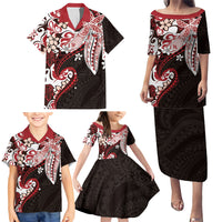 Monstera Plumeria Flowers Red Family Matching Puletasi and Hawaiian Shirt Polynesian Pattern LT01 - Polynesian Pride
