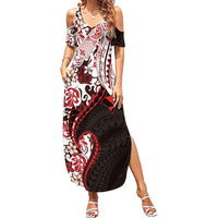 Monstera Plumeria Flowers Red Family Matching Summer Maxi Dress and Hawaiian Shirt Polynesian Pattern LT01 Mom's Dress Red - Polynesian Pride