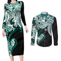 Monstera Plumeria Flowers Teal Couples Matching Long Sleeve Bodycon Dress and Long Sleeve Button Shirt Polynesian Pattern