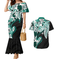Monstera Plumeria Flowers Teal Couples Matching Mermaid Dress and Hawaiian Shirt Polynesian Pattern LT01 Teal - Polynesian Pride
