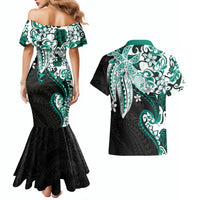 Monstera Plumeria Flowers Teal Couples Matching Mermaid Dress and Hawaiian Shirt Polynesian Pattern LT01 - Polynesian Pride