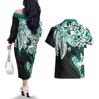 Monstera Plumeria Flowers Teal Couples Matching Off The Shoulder Long Sleeve Dress and Hawaiian Shirt Polynesian Pattern LT01 - Polynesian Pride