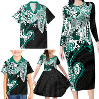 Monstera Plumeria Flowers Teal Family Matching Long Sleeve Bodycon Dress and Hawaiian Shirt Polynesian Pattern