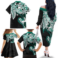 Monstera Plumeria Flowers Teal Family Matching Off The Shoulder Long Sleeve Dress and Hawaiian Shirt Polynesian Pattern