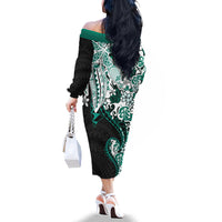 Monstera Plumeria Flowers Teal Family Matching Off The Shoulder Long Sleeve Dress and Hawaiian Shirt Polynesian Pattern