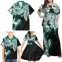 Monstera Plumeria Flowers Teal Family Matching Off Shoulder Maxi Dress and Hawaiian Shirt Polynesian Pattern LT01 - Polynesian Pride