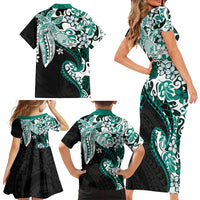 Monstera Plumeria Flowers Teal Family Matching Short Sleeve Bodycon Dress and Hawaiian Shirt Polynesian Pattern