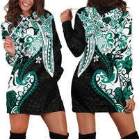 Monstera Plumeria Flowers Teal Hoodie Dress Polynesian Pattern LT01 - Polynesian Pride