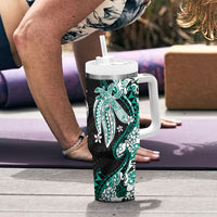 Monstera Plumeria Flowers Teal Tumbler With Handle Polynesian Pattern LT01 - Polynesian Pride