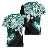 Monstera Plumeria Flowers Teal Women V-Neck T-Shirt Polynesian Pattern