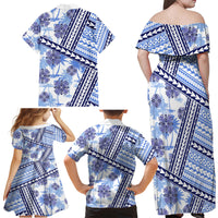 Hawaii Quilt Family Matching Off Shoulder Maxi Dress and Hawaiian Shirt Kakau Polynesian Pattern Blue Version LT01 - Polynesian Pride