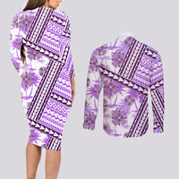 Hawaii Quilt Couples Matching Long Sleeve Bodycon Dress and Long Sleeve Button Shirt Kakau Polynesian Pattern Lilac Version LT01 - Polynesian Pride