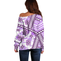 Hawaii Quilt Off Shoulder Sweater Kakau Polynesian Pattern Lilac Version LT01 - Polynesian Pride
