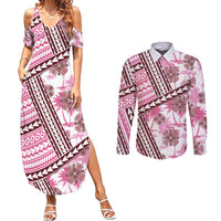 Hawaii Quilt Couples Matching Summer Maxi Dress and Long Sleeve Button Shirt Kakau Polynesian Pattern Mauve Pink Version LT01 Pink - Polynesian Pride