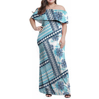 Hawaii Quilt Family Matching Off Shoulder Maxi Dress and Hawaiian Shirt Kakau Polynesian Pattern Sky Blue Version LT01 Mom's Dress Blue - Polynesian Pride