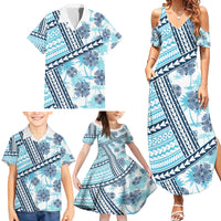Hawaii Quilt Family Matching Summer Maxi Dress and Hawaiian Shirt Kakau Polynesian Pattern Sky Blue Version LT01 - Polynesian Pride