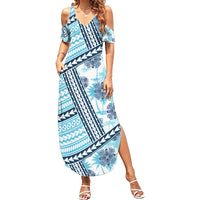 Hawaii Quilt Family Matching Summer Maxi Dress and Hawaiian Shirt Kakau Polynesian Pattern Sky Blue Version LT01 Mom's Dress Blue - Polynesian Pride