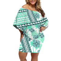 Hawaii Quilt Off Shoulder Short Dress Kakau Polynesian Pattern Teal Version LT01 Women Teal - Polynesian Pride