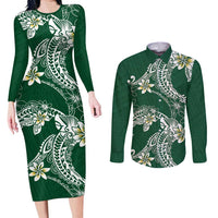 Polynesian Hawaiian Plumeria Tribal Pattern Couples Matching Long Sleeve Bodycon Dress and Long Sleeve Button Shirt Green Version