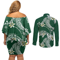 Polynesian Hawaiian Plumeria Tribal Pattern Couples Matching Off Shoulder Short Dress and Long Sleeve Button Shirt Green Version