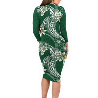 Polynesian Hawaiian Plumeria Tribal Pattern Family Matching Long Sleeve Bodycon Dress and Hawaiian Shirt Green Version