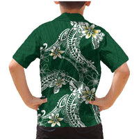 Polynesian Hawaiian Plumeria Tribal Pattern Family Matching Mermaid Dress and Hawaiian Shirt Green Version