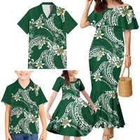Polynesian Hawaiian Plumeria Tribal Pattern Family Matching Mermaid Dress and Hawaiian Shirt Green Version