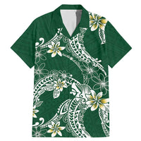 Polynesian Hawaiian Plumeria Tribal Pattern Family Matching Mermaid Dress and Hawaiian Shirt Green Version