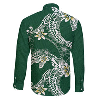 Polynesian Hawaiian Plumeria Tribal Pattern Family Matching Off The Shoulder Long Sleeve Dress and Hawaiian Shirt Green Version