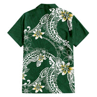 Polynesian Hawaiian Plumeria Tribal Pattern Family Matching Off Shoulder Maxi Dress and Hawaiian Shirt Green Version