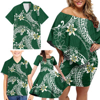 Polynesian Hawaiian Plumeria Tribal Pattern Family Matching Off Shoulder Short Dress and Hawaiian Shirt Green Version