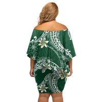 Polynesian Hawaiian Plumeria Tribal Pattern Family Matching Off Shoulder Short Dress and Hawaiian Shirt Green Version