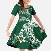 Polynesian Hawaiian Plumeria Tribal Pattern Family Matching Short Sleeve Bodycon Dress and Hawaiian Shirt Green Version
