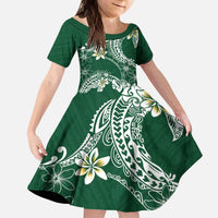 Polynesian Hawaiian Plumeria Tribal Pattern Kid Short Sleeve Dress Green Version