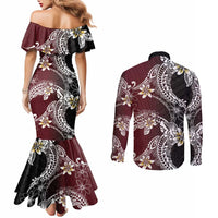 Polynesian Hawaiian Plumeria Tribal Pattern Couples Matching Mermaid Dress and Long Sleeve Button Shirt Special Wine Red Version
