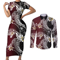 Polynesian Hawaiian Plumeria Tribal Pattern Couples Matching Short Sleeve Bodycon Dress and Long Sleeve Button Shirt Special Wine Red Version