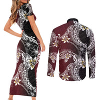 Polynesian Hawaiian Plumeria Tribal Pattern Couples Matching Short Sleeve Bodycon Dress and Long Sleeve Button Shirt Special Wine Red Version