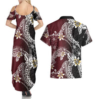 Polynesian Hawaiian Plumeria Tribal Pattern Couples Matching Summer Maxi Dress and Hawaiian Shirt Special Wine Red Version