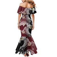 Polynesian Hawaiian Plumeria Tribal Pattern Family Matching Mermaid Dress and Hawaiian Shirt Special Wine Red Version