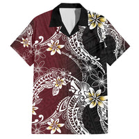 Polynesian Hawaiian Plumeria Tribal Pattern Family Matching Short Sleeve Bodycon Dress and Hawaiian Shirt Special Wine Red Version