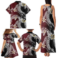 Polynesian Hawaiian Plumeria Tribal Pattern Family Matching Tank Maxi Dress and Hawaiian Shirt Special Wine Red Version