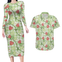 Anthurium Pikake Ti Leaf Palaka Couples Matching Long Sleeve Bodycon Dress and Hawaiian Shirt Green Version