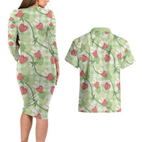 Anthurium Pikake Ti Leaf Palaka Couples Matching Long Sleeve Bodycon Dress and Hawaiian Shirt Green Version