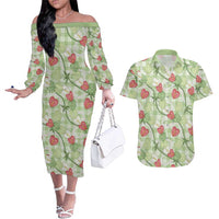 Anthurium Pikake Ti Leaf Palaka Couples Matching Off The Shoulder Long Sleeve Dress and Hawaiian Shirt Green Version LT01 Green - Polynesian Pride