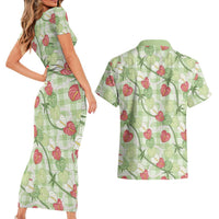 Anthurium Pikake Ti Leaf Palaka Couples Matching Short Sleeve Bodycon Dress and Hawaiian Shirt Green Version