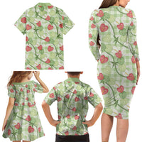 Anthurium Pikake Ti Leaf Palaka Family Matching Long Sleeve Bodycon Dress and Hawaiian Shirt Green Version LT01 - Polynesian Pride