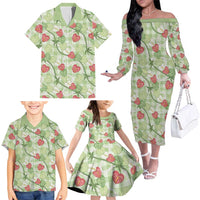 Anthurium Pikake Ti Leaf Palaka Family Matching Off The Shoulder Long Sleeve Dress and Hawaiian Shirt Green Version LT01 - Polynesian Pride