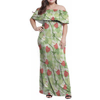 Anthurium Pikake Ti Leaf Palaka Family Matching Off Shoulder Maxi Dress and Hawaiian Shirt Green Version LT01 Mom's Dress Green - Polynesian Pride