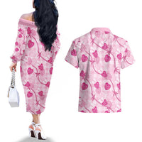 Anthurium Pikake Ti Leaf Palaka Couples Matching Off The Shoulder Long Sleeve Dress and Hawaiian Shirt Pink Version LT01 - Polynesian Pride